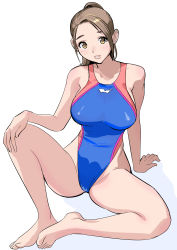 Rule 34 | 1girl, barefoot, blue one-piece swimsuit, breasts, brown eyes, brown hair, competition swimsuit, dytm, full body, hand on own knee, highleg, highleg swimsuit, highres, large breasts, lips, long hair, looking at viewer, one-piece swimsuit, original, parted lips, ponytail, pool monitor part-timer (dtym), sitting, solo, swimsuit
