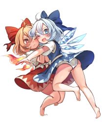 Rule 34 | 2girls, ;d, achi cirno, ahoge, alternate color, alternate element, ass, bare legs, barefoot, blue bow, blue dress, blue eyes, blue hair, blush, bow, cirno, dress, dual persona, fiery wings, full body, hair bow, highres, ice, ice wings, kneepits, legs, looking at viewer, multiple girls, one eye closed, open mouth, orange hair, panties, pantyshot, red bow, red dress, red eyes, simple background, sleeveless, sleeveless dress, smile, soles, tis (shan0x0shan), touhou, underwear, white background, white panties, wings