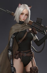 Rule 34 | 1girl, assault rifle, belt, blush, cloak, cowboy shot, cropped, cyborg, finger on trigger, gun, highres, kongjian bo, leotard, lips, looking at viewer, mechanical arms, medium hair, nose, over shoulder, pouch, rifle, sidelighting, simple background, single mechanical arm, solo, source request, weapon, weapon over shoulder, white hair, yellow eyes