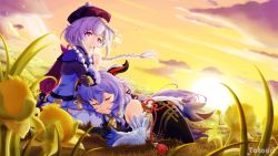 Rule 34 | 2girls, artist name, bare shoulders, bead necklace, beads, black nails, blue hair, braid, braided ponytail, cloud, cloudy sky, closed eyes, finger to mouth, flower, ganyu (genshin impact), genshin impact, grass, hat, highres, horns, jewelry, jiangshi, lap pillow, long sleeves, looking at viewer, lying, multiple girls, nail polish, nature, necklace, purple eyes, purple hair, qiqi (genshin impact), shushing, sky, smile, sunset, thighhighs, totouri, yellow sky