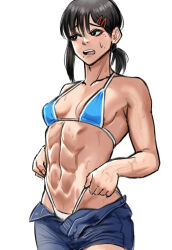 Rule 34 | 1girl, abs, absurdres, bikini, black eyes, black hair, breasts, chainsaw man, commentary, cowboy shot, denim, denim shorts, english commentary, higashiyama kobeni, highres, leanbeefpatty, mole, mole under eye, mole under mouth, muscular, muscular female, open mouth, ponytail, reference, shorts, small breasts, solo, spageta, sweatdrop, swimsuit, teeth, tongue