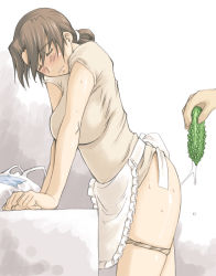 Rule 34 | 1boy, 1girl, apron, bad id, bad pixiv id, bag, bitter melon, blush, breasts, brown hair, clenched teeth, closed eyes, dildo, food, food insertion, gradient background, grocery bag, housewife, ishida masayuki, large breasts, mature female, no pants, object insertion, original, panties, panty pull, pussy juice, pussy juice trail, sex toy, shopping bag, simple background, solo focus, sweat, teeth, underwear, white background