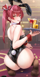 Rule 34 | 1girl, absurdres, alcohol, animal ears, ass, back, bare shoulders, black leotard, blurry, blurry background, blush, bow, bowtie, breasts, coin, cup, detached collar, drink, drinking glass, fake animal ears, fake tail, food, from behind, fruit, gold coin, hair between eyes, heterochromia, highres, holding, holding coin, holding tray, hololive, houshou marine, iroha (unyun), large breasts, leotard, light particles, long hair, looking at viewer, looking back, open mouth, playboy bunny, rabbit ears, rabbit tail, red bow, red bowtie, red eyes, red hair, smile, soles, solo, strapless, strapless leotard, tail, tray, twintails, virtual youtuber, wrist cuffs, yellow eyes
