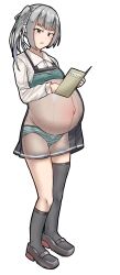 Rule 34 | 1girl, absurdres, big belly, book, dress, garylin, grey hair, hair ribbon, highres, kantai collection, kasumi (kancolle), long hair, navel, panties, pinafore dress, pregnant, reading, ribbon, school uniform, shoes, side ponytail, simple background, skirt, sleeveless, sleeveless dress, socks, solo, striped clothes, striped panties, translated, underwear, white background, x-ray
