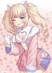Rule 34 | 1girl, animal, animal ears, blonde hair, blue eyes, blush, breasts, cat ears, cleavage, cleavage cutout, clothing cutout, commission, fang, fur trim, heart cutout, highres, holding, holding animal, indie virtual youtuber, leaning forward, one eye closed, open mouth, peach2d, pink skirt, pink sweater, plaid, plaid skirt, rachel bouvier, second-party source, skirt, smile, solo, sweater, twintails, virtual youtuber
