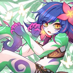 Rule 34 | 1girl, aisolgwamol-ib-otaku, bare shoulders, blue hair, breasts, bug, butterfly, colored skin, fang, flower, from side, green skin, hair flower, hair ornament, hands up, highres, insect, league of legends, long hair, looking at viewer, multicolored hair, neeko (league of legends), open mouth, pink flower, purple hair, reptile girl, skin fang, smile, solo, tail