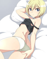 Rule 34 | 1girl, ass, black shirt, blonde hair, blue eyes, blush, breasts, butt crack, crotch, erica hartmann, looking at viewer, lying, nanashino, on side, open mouth, panties, pillow, shirt, short hair, simple background, small breasts, solo, underwear, white panties, world witches series