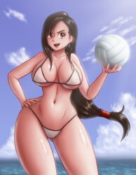 Rule 34 | 1girl, alternate costume, ball, bikini, black hair, breasts, brown eyes, cleavage, ear piercing, earrings, female focus, final fantasy, final fantasy vii, hand on own hip, holding, holding ball, huge breasts, jewelry, long hair, piercing, saf-404, safartwoks, safartworks, solo, square enix, swimsuit, thighs, tifa lockhart, volleyball (object), white bikini, wide hips