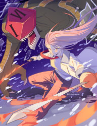Rule 34 | 1girl, 1other, closed mouth, coat, collared shirt, fire, fur trim, glass shards, highres, holding, holding sword, holding weapon, juiz (undead unluck), long hair, monster, move (undead unluck), necktie, nessiefynn, open mouth, outdoors, pink hair, rapier, red necktie, serious, sharp teeth, shirt, snow, sword, teeth, twitter username, undead unluck, weapon, white coat, white shirt
