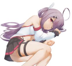 Rule 34 | 1girl, absurdres, ahoge, ass, bad id, bad pixiv id, bare legs, bare shoulders, black skirt, breasts, center opening, closed mouth, detached sleeves, feet out of frame, hair ornament, hair spread out, highleg, highres, light purple hair, long hair, long sleeves, looking at viewer, lying, marulire, medium breasts, miniskirt, on side, one eye closed, pleated skirt, red eyes, revealing clothes, shirt, simple background, skirt, solo, stomach, thigh strap, two side up, underboob, very long hair, virtual youtuber, white background, white shirt, yumeno shiori, yumeno shiori channel