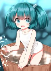 Rule 34 | 1girl, :d, blurry, blurry background, blush, bucket, collarbone, commentary request, green eyes, green hair, hair bobbles, hair ornament, highres, kisume, looking at viewer, one-piece swimsuit, open mouth, ruu (tksymkw), short hair, smile, solo, swimsuit, touhou, two side up, water, white one-piece swimsuit