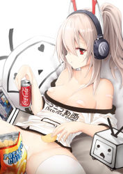 Rule 34 | 1girl, :&lt;, ayanami (azur lane), ayanami (niconico) (azur lane), azur lane, bad id, bad pixiv id, bag of chips, bandaid, bandaid on pussy, bandaids on nipples, bare shoulders, bed sheet, bottomless, breasts, brown hair, can, clothes writing, coca-cola, collarbone, dakimakura (object), drink can, expressionless, food, hair between eyes, headgear, headphones, heart, holding, holding food, long hair, looking at viewer, momin (momomikan2x), niconico, off-shoulder shirt, off shoulder, parted lips, pasties, pillow, ponytail, red eyes, shirt, sidelocks, simple background, small breasts, soda can, solo, spread legs, tablet pc, terebi-chan, thighhighs, white background, white shirt, white thighhighs