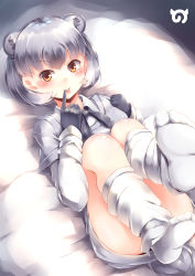 Rule 34 | 10s, :p, absurdres, animal ears, black gloves, black ribbon, brown eyes, collared shirt, commentary request, convenient leg, dot nose, gloves, grey hair, highres, japari symbol, kanzakietc, kemono friends, layered sleeves, legs up, long hair, long sleeves, looking at viewer, lying, neck ribbon, no shoes, on back, on bed, ribbon, rock hyrax (kemono friends), shirt, short hair, short over long sleeves, short sleeves, smile, socks, solo, tail, tongue, tongue out, v-shaped eyebrows, white socks