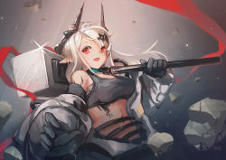 Rule 34 | 1girl, :d, arknights, bare shoulders, black gloves, breasts, earrings, eyebrows hidden by hair, glint, gloves, gradient background, grey background, hair ornament, hammer, holding, holding hammer, holding weapon, horns, jewelry, large breasts, long hair, long sleeves, looking at viewer, material growth, mudrock (arknights), navel, off shoulder, open clothes, open mouth, oripathy lesion (arknights), over shoulder, pointy ears, red eyes, rock, shir l1, silver hair, smile, solo, sports bra, upper body, weapon, weapon over shoulder