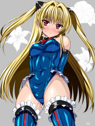 Rule 34 | &gt;:|, 1girl, :|, annoyed, arms behind back, bare shoulders, blonde hair, blue leotard, blue one-piece swimsuit, blue thighhighs, blush, bow, bowtie, breasts, closed mouth, cosplay, covered navel, cowboy shot, cross-laced clothes, crotch, dead or alive, dead or alive 5, detached sleeves, embarrassed, floral background, flower, frilled thighhighs, frills, from above, from below, gloves, grey background, groin, hair intakes, hair ornament, halterneck, head tilt, highleg, highleg leotard, konjiki no yami, legs apart, leotard, lily (flower), long hair, looking at viewer, marie rose, marie rose (cosplay), medium breasts, o-ring, one-piece swimsuit, red bow, red bowtie, red eyes, ribbon, sen (sansui), shiny clothes, sidelocks, signature, simple background, skin tight, solo, standing, sweatdrop, swimsuit, taut clothes, thighhighs, to love-ru, turtleneck, twintails, two side up, v-shaped eyebrows, very long hair, white gloves