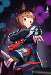 Rule 34 | 1girl, animal ears, arm under breasts, badge, black shirt, blue coat, blurry, blurry background, blush, breasts, brown hair, button badge, can, closed mouth, coat, drinking straw, drinking straw in mouth, ear ornament, energy drink, fanny pack, highres, horse ears, long sleeves, looking at viewer, looking down, medium breasts, mouth hold, red eyes, shirt, short hair, sleeves past fingers, sleeves past wrists, smile, solo, standing, transcend (umamusume), umamusume, upper body, yakupan