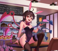 Rule 34 | 1girl, ahoge, alternate costume, animal ears, asymmetrical wings, bare arms, bare shoulders, bendy straw, black hair, black leotard, black thighhighs, blue wings, bow, bowtie, breasts, bridal garter, cafe, cake, chocolate cake, covered navel, cup, cupcake, detached collar, drinking glass, drinking straw, fake animal ears, food, highres, holding, houjuu nue, indoors, leotard, long hair, looking at viewer, medium breasts, nail polish, open mouth, playboy bunny, rabbit ears, recare, red bow, red bowtie, red eyes, red footwear, red nails, red wings, sitting, smile, solo, table, thighhighs, touhou, tray, ufo, wings, wrist cuffs
