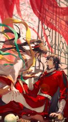 Rule 34 | 2boys, absurdres, alcohol, black hair, chinese clothes, curtains, dress, hagoromo, hanfu, high ponytail, highres, holding another&#039;s arm, hua cheng, langu777, long hair, long sleeves, multiple boys, red dress, shawl, silk, sitting, tianguan cifu, very long hair, wide sleeves, wind, xie lian