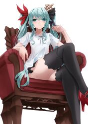 Rule 34 | 1girl, absurdres, amaama (beccyonaika1), aqua eyes, aqua hair, arm up, black bow, black ribbon, black skirt, black thighhighs, bow, crown, expressionless, from below, hair bow, hatsune miku, high heels, highres, long hair, looking at viewer, mini crown, miniskirt, neck ribbon, on chair, red bow, red footwear, ribbon, shirt, simple background, sitting, skirt, solo, thighhighs, thighs, twintails, very long hair, vocaloid, white background, white shirt