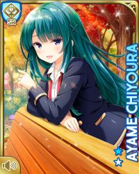 Rule 34 | 1girl, aqua hair, autumn leaves, bench, card (medium), character name, chiyoura ayame, forest, girlfriend (kari), hair ornament, leaning on object, long hair, nature, necktie, official art, open mouth, paper, plaid, plaid skirt, purple eyes, qp:flapper, red neckwear, red skirt, school uniform, shirt, skirt, smile, tagme, white shirt, x hair ornament