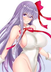 Rule 34 | 10s, 1girl, bb (fate), bb (fate) (all), bb (swimsuit mooncancer) (fate), bb (swimsuit mooncancer) (third ascension) (fate), blush, breasts, covered navel, fate/extra, fate/extra ccc, fate/grand order, fate (series), gloves, grin, hair ribbon, highleg, highleg leotard, highres, hip focus, large breasts, leotard, long hair, looking at viewer, neck ribbon, purple eyes, purple hair, red ribbon, ribbon, sankakusui, shiny skin, sideboob, simple background, smile, solo, white background, white gloves, white leotard