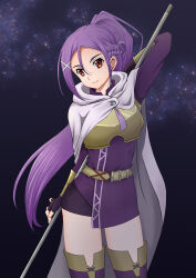 Rule 34 | 1girl, absurdres, arm up, arms behind head, belt, cloak, commentary request, fingerless gloves, gloves, hair ornament, highres, holding, holding weapon, long hair, long sleeves, mito (sao), purple hair, red eyes, solo, sword art online, teto0315, weapon