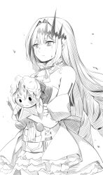 Rule 34 | 1girl, bare shoulders, crying, crying with eyes open, damaged, detached sleeves, dress, baobhan sith (fate), fate/grand order, fate (series), greyscale, highres, hirunagi, holding, long hair, monochrome, pointy ears, stuffed animal, stuffed toy, tagme, tears, tiara