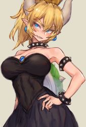 Rule 34 | 1girl, armlet, black dress, blonde hair, blue eyes, bowsette, bracelet, collar, commentary request, dress, earrings, guchico, hand on own hip, horns, jewelry, mario (series), new super mario bros. u deluxe, nintendo, sharp teeth, sketch, spiked armlet, spiked bracelet, spiked collar, spikes, strapless, strapless dress, super crown, teeth, turtle shell