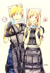 Rule 34 | 1boy, 1girl, apron, arm ribbon, bare shoulders, belt buckle, black apron, black gloves, black hair, black shorts, black vest, blonde hair, breasts, buckle, closed mouth, cloud strife, couple, cowboy shot, crop top, drawing (object), final fantasy, final fantasy vii, final fantasy vii advent children, gloves, hand on another&#039;s shoulder, hands up, heart, holding, holding paper, jewelry, large breasts, long hair, looking at viewer, midriff peek, paper, popped collar, red ribbon, ribbed shirt, ribbon, ring, shirt, shorts, shoulder belt, simple background, single bare shoulder, single shoulder pad, sleeveless, sleeveless shirt, smile, spiked hair, spoken blush, spoken heart, square enix, tank top, tifa lockhart, vest, waist apron, white tank top, ymt 3510, zipper