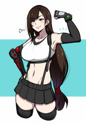 Rule 34 | 1girl, biceps, black skirt, black sleeves, black sports bra, black thighhighs, blush, brown hair, clenched hand, collarbone, commentary, cropped legs, detached sleeves, elbow pads, english commentary, final fantasy, final fantasy vii, final fantasy vii remake, flexing, hand on own hip, highres, jam-orbital, lips, long hair, low-tied long hair, materia, midriff, miniskirt, navel, pleated skirt, red eyes, shirt, single elbow pad, single vambrace, skirt, smile, solo, sports bra, suspender skirt, suspenders, sweatdrop, swept bangs, tank top, taut clothes, taut shirt, thighhighs, tifa lockhart, toned, vambraces, white tank top, wristband, zettai ryouiki