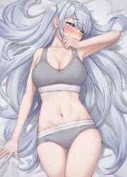Rule 34 | 1girl, absurdres, bare shoulders, blush, bra, breasts, cleavage, fuyutsuki (kancolle), grey eyes, grey sports bra, hair between eyes, highres, kantai collection, kiritto, large breasts, long hair, midriff, navel, on bed, one side up, open mouth, panties, solo, sports bra, two-tone sports bra, underwear, white hair, white sports bra