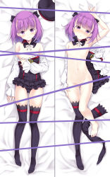 Rule 34 | 1girl, :o, arm up, asymmetrical legwear, bare shoulders, barefoot, bed sheet, beret, black bow, black dress, black hat, black thighhighs, blush, bow, breasts, censored, closed mouth, commentary request, dakimakura (medium), detached sleeves, dress, fate/grand order, fate (series), groin, hair bow, hat, helena blavatsky (fate), highres, hitsujibane shinobu, long sleeves, looking at viewer, lying, md5 mismatch, multiple views, navel, no shoes, nose blush, nude, on back, one breast out, parted lips, puffy long sleeves, puffy sleeves, purple eyes, purple hair, pussy juice, resolution mismatch, sefirot, single thighhigh, sleeves past wrists, small breasts, smile, source larger, strapless, strapless dress, thighhighs, uneven legwear, unworn hat, unworn headwear, unworn thighhighs