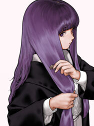 Rule 34 | 1girl, black coat, blunt bangs, brushing hair, closed mouth, coat, comb, commentary request, dress, expressionless, fern (sousou no frieren), highres, holding, holding comb, holding own hair, long hair, long sleeves, looking at viewer, nizuma, open clothes, open coat, purple eyes, purple hair, purple pupils, ringed eyes, sideways glance, simple background, solo, sousou no frieren, upper body, very long hair, white background, white dress, wide sleeves