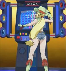 Rule 34 | 1girl, arcade gamer fubuki, ass, blonde hair, blue eyes, boots, breasts, cowboy hat, dancing, denim, denim shorts, from behind, gloves, hat, highres, keroro gunsou, large breasts, long hair, looking at viewer, looking back, melody honey, midriff, shorts, sideboob, smile, solo, stitched, third-party edit