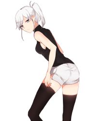 Rule 34 | 1girl, adjusting clothes, breasts, grey eyes, looking at viewer, melty blood, ponytail, retto, riesbyfe stridberg, short hair, shorts, sideboob, sleeveless, sleeveless sweater, sleeveless turtleneck, solo, sweater, thighhighs, tsukihime, turtleneck, turtleneck sweater, white hair