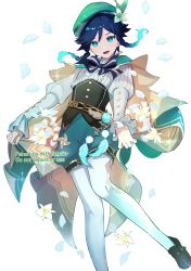 Rule 34 | 1boy, androgynous, beret, black hair, blue hair, bow, braid, brooch, cape, collared cape, collared shirt, commentary request, corset, diamond (shape), falling petals, feathers, flower, frilled sleeves, frills, gem, genshin impact, gradient hair, green cape, green eyes, green hat, green shorts, hair flower, hair ornament, hat, highres, jewelry, leaf, long sleeves, looking at viewer, male focus, multicolored hair, okkobc, open mouth, pantyhose, petals, pinwheel, shirt, shoes, short hair with long locks, shorts, side braids, sidelocks, simple background, smile, solo, sparkle, twin braids, venti (genshin impact), vision (genshin impact), white background, white flower, white pantyhose, white shirt