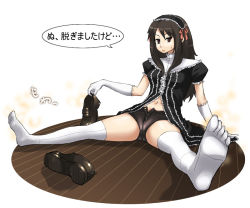 Rule 34 | 1girl, cameltoe, elbow gloves, enoshima iki, feet, female focus, gloves, open fly, shoes, sitting, smell, smoke, solo, spread legs, steam, thighhighs, toes, translated, unzipped