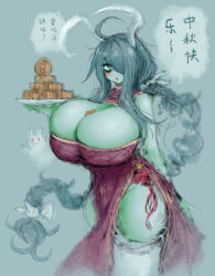 Rule 34 | 1girl, 2b-ge, ahoge, animal ears, bags under eyes, bare shoulders, blush, breasts, bursting breasts, chinese clothes, chinese zodiac, cleavage, dress, fake animal ears, female focus, green theme, grey background, hair over one eye, highres, hip vent, huge breasts, japanese text, limited palette, long hair, mei (2b-ge), original, ponytail, rabbit ears, red dress, solo, spot color, taut clothes, thick thighs, thighs, translation request, very long hair, waitress, wide hips, year of the rabbit