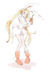 Rule 34 | 1girl, :d, animal ear hairband, animal ears, bare arms, bare shoulders, blonde hair, boots, breasts, carrot juice, closed mouth, cup, dress, drinking straw, fake animal ears, fake tail, full body, glass, h kawa, hairband, hand on own hip, heart, holding, holding cup, juice, long hair, looking at viewer, medium breasts, open mouth, orange footwear, original, pom pom (clothes), rabbit ears, rabbit tail, shadow, short dress, simple background, smile, solo, tail, tongue, tongue out, turtleneck, turtleneck dress, twintails, very long hair, white background, white dress, white hairband
