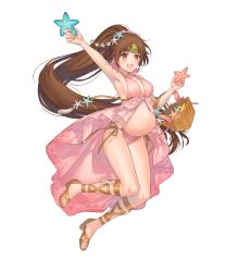 Rule 34 | 1girl, brown eyes, brown hair, fire emblem, highres, jumping, kippu, linde (fire emblem), long hair, nintendo, one-piece swimsuit, pink one-piece swimsuit, ponytail, pregnant, sandals, simple background, starfish, swimsuit, third-party edit, white background