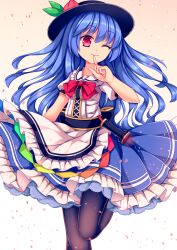 Rule 34 | 1girl, adapted costume, apron, black headwear, black pantyhose, blue hair, blue skirt, bow, bowtie, breasts, closed mouth, collared shirt, feet out of frame, finger to mouth, frilled apron, frilled shirt collar, frilled skirt, frills, gradient background, head tilt, highres, hinanawi tenshi, leaf hat ornament, leg up, light smile, long hair, mechrailgun, one eye closed, pantyhose, peach hat ornament, puffy short sleeves, puffy sleeves, red bow, red bowtie, red eyes, shirt, short sleeves, simple background, skirt, sky, small breasts, solo, touhou, waist apron, white apron, white background, white sky, yellow background
