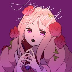 Rule 34 | 1girl, anna sprengel, drill hair, english text, flower, hair flower, hair ornament, long hair, looking at viewer, loose clothes, nmdsk, open mouth, own hands together, pill, pill in mouth, pink hair, red flower, red rose, rose, simple background, solo, toaru majutsu no index, toaru majutsu no index: genesis testament, very long hair