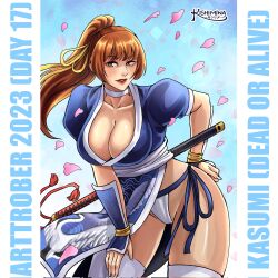 Rule 34 | 1girl, 2023, artist logo, artist name, breasts, brown eyes, brown hair, character name, choker, cleavage, copyright name, dated, dead or alive, falling petals, female focus, hair ribbon, highres, kasumi (doa), kishimina, large breasts, lips, lipstick, long hair, makeup, matching hair/eyes, ninja, panties, parted lips, pelvic curtain, petals, ponytail, ribbon, sheath, sheathed, short sleeves, side-tie panties, solo, sword, thighhighs, underwear, weapon, white choker, white thighhighs, yellow ribbon