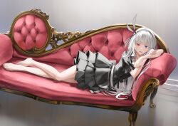 Rule 34 | 1girl, absurdres, armchair, barefoot, black bow, black dress, black hairband, blue eyes, bow, chair, collared shirt, dress, fangs, feet, frilled dress, frills, full body, goth fashion, gothic lolita, hairband, heterochromia, highres, kokemomo co, lolita fashion, long hair, looking at viewer, luminous valentine, lying, on chair, on side, open mouth, pale skin, red eyes, shirt, short sleeves, simple background, solo, tensei shitara slime datta ken, toes, vampire, white hair