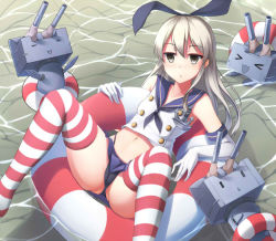 Rule 34 | 10s, 1girl, afloat, blonde hair, brown eyes, flat chest, floating, from above, hairband, highleg, highleg panties, jitome, kantai collection, lifebuoy, long hair, looking at viewer, midriff, navel, nicoby, panties, rensouhou-chan, sailor collar, shimakaze (kancolle), shirt, sleeveless, sleeveless shirt, solo, spread legs, stomach, striped clothes, striped thighhighs, swim ring, thighhighs, underwear, water