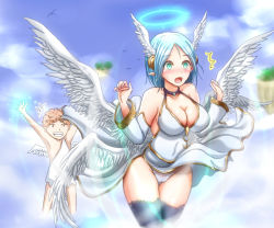 Rule 34 | 10s, 1boy, 1girl, angel, angel wings, bare shoulders, black thighhighs, blue eyes, blue hair, blush, breasts, cameltoe, cleavage, covered clitoris, detached sleeves, dress, e-kichi, feathered wings, gradient background, grin, halo, head wings, large breasts, multiple wings, open mouth, panties, pantyshot, pointy ears, shingeki no bahamut, short hair, side slit, smile, surprised, thighhighs, underwear, white dress, white panties, wings
