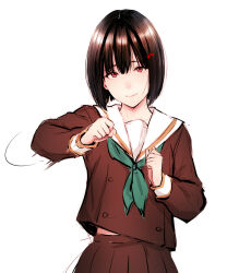 Rule 34 | 1girl, black hair, bow, brown jacket, brown skirt, clenched hands, green neckerchief, hair bow, hibike! euphonium, highres, hisaishi kanade, jacket, kitauji high school uniform, long sleeves, motion lines, napata, neckerchief, pleated skirt, red bow, red eyes, sailor collar, school uniform, short hair, simple background, skirt, smile, solo, upper body, white background, white sailor collar