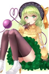 Rule 34 | 1girl, alternate costume, ankle boots, arm support, arm up, black gloves, black hat, black thighhighs, boots, commentary request, frilled skirt, frills, gloves, green eyes, green hair, green skirt, hand on own face, hat, hat ribbon, heart, heart of string, high heels, komeiji koishi, lace, lace gloves, leaning back, long sleeves, looking at viewer, partial commentary, ribbon, sakizaki saki-p, shirt, short hair, simple background, sitting, skirt, smile, solo, thighhighs, third eye, touhou, twitter username, two-tone background, white background, white footwear, yellow background, yellow shirt