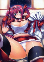 Rule 34 | 00s, 1girl, absurdres, airi (queen&#039;s blade), bag, black thighhighs, blue eyes, blush, breasts, cameltoe, christmas, cleavage, curvy, gloves, green eyes, highres, huge breasts, large breasts, leg up, legs, midriff, noto kurumi, panties, pantyshot, queen&#039;s blade, red hair, ribbon, sack, santa costume, solo, thick thighs, thighhighs, thighs, twintails, underwear, white panties