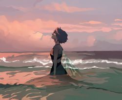 Rule 34 | 1girl, bare shoulders, closed mouth, cloud, cloudy sky, evening, closed eyes, freckles, from side, hydrokinesis, lapis lazuli (steven universe), liquid wings, long skirt, micheamich, ocean, outdoors, profile, short hair, skirt, sky, sleeveless, solo, steven universe, third-party source, wading, water, wings